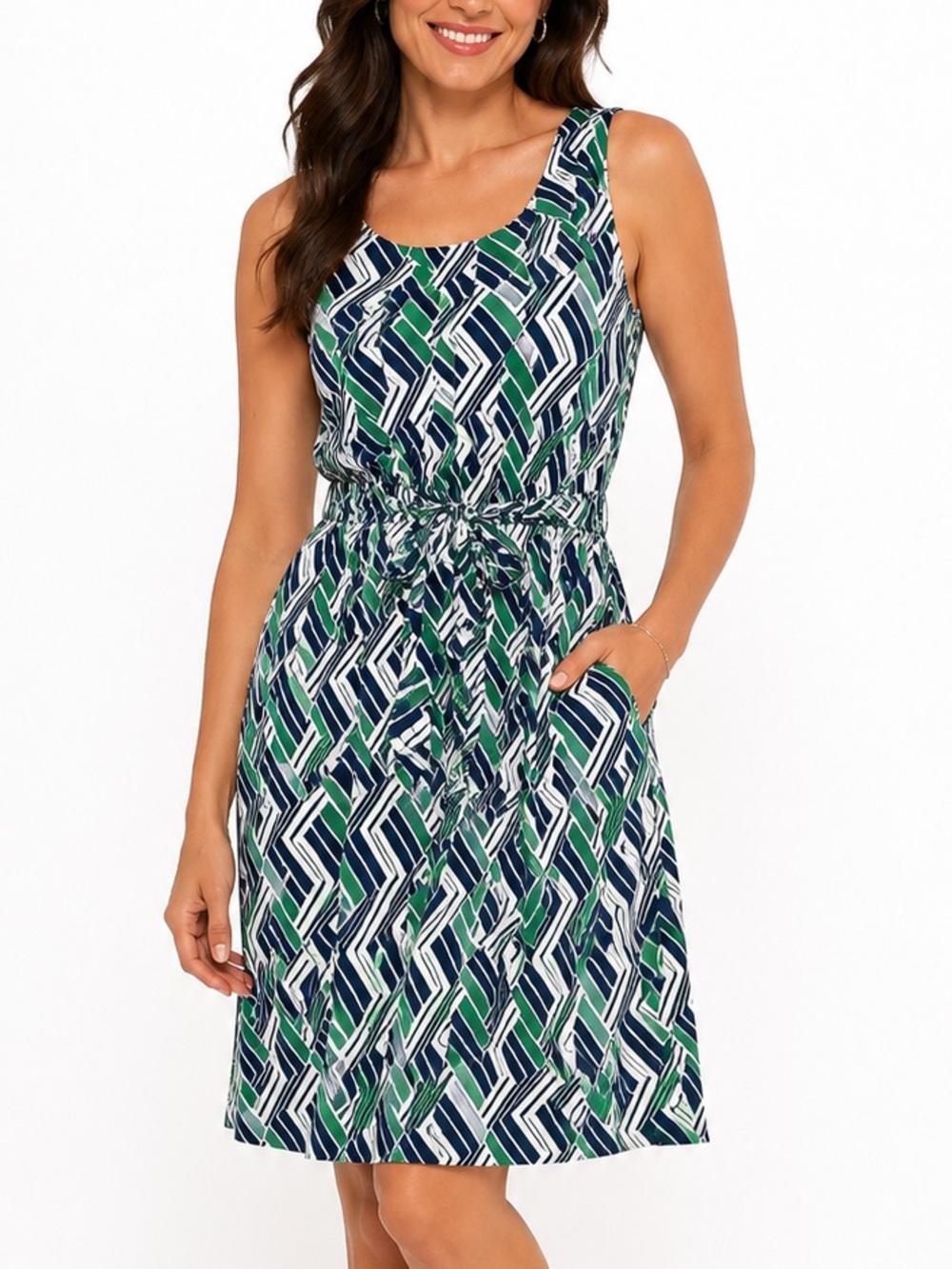 Vintage Banana Republic 100% Silk Green & Navy Geometric Sleeveless Dress